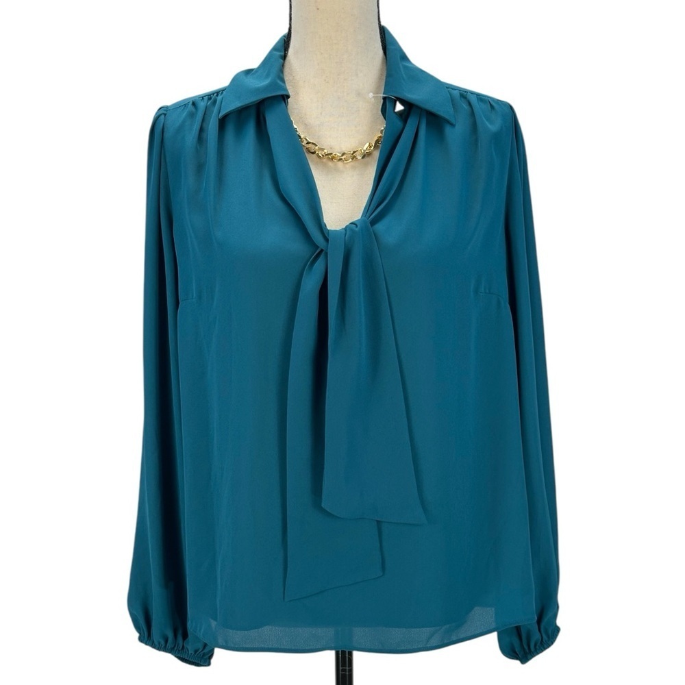 INC Long Sleeve Collared Tie Neck Chain Detail Blouse - Blue Green - size Medium